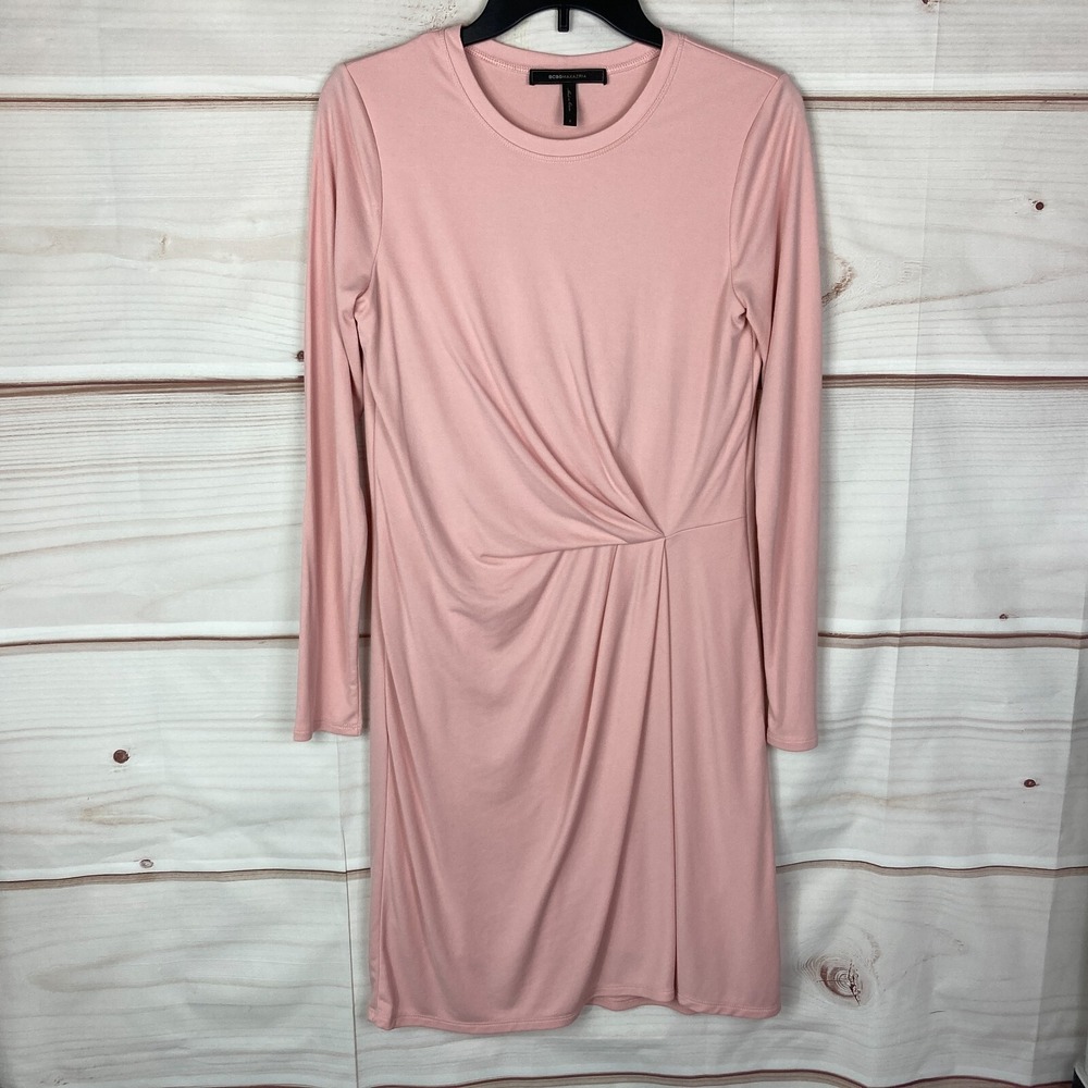 BCBG MaxAzria Dress Womens S Pink Rib Knit Long Sleeve‎ Shift Crew Neck Ruched